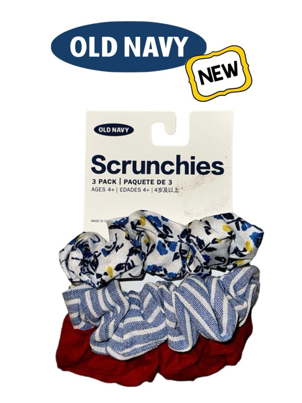 New OLD NAVY 3-pack Hair Scrunchies Blue Floral Stripe Red White NWT